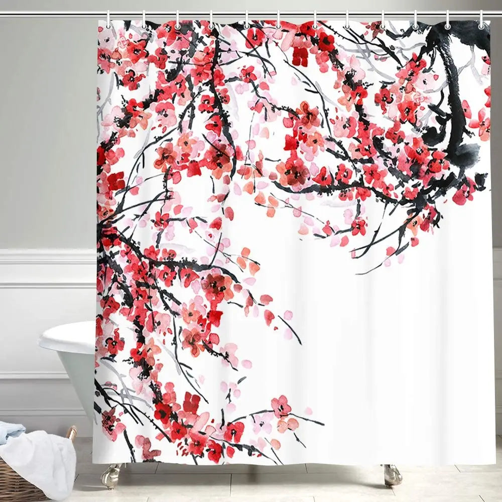 Tenda da doccia con fiori di piante di inchiostro Prugna rossa Fiore di ciliegio giapponese Tende da bagno Stampa ad acquerello Set di decorazioni per il bagno moderno bianco