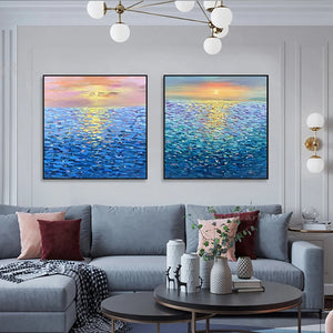 High Quality Sunset And Blue Sea Handmade Oil Painting Home Decoration Painting Living Room Dining Room Bedroom Wall Decoration