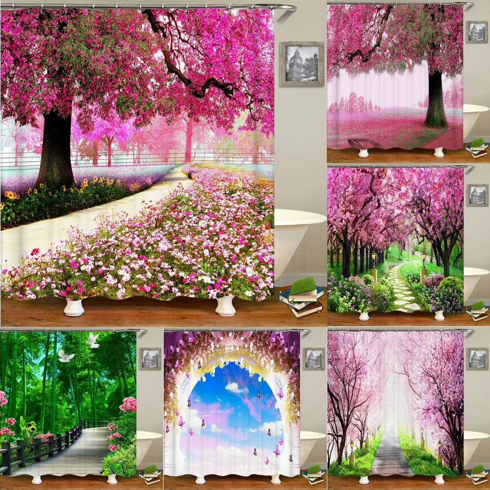 Waterproof Fabric 3D Shower Curtain Bathroom Curtain Pink Tree Landscape Polyester Bath Curtain Decorate With Hooks cortina