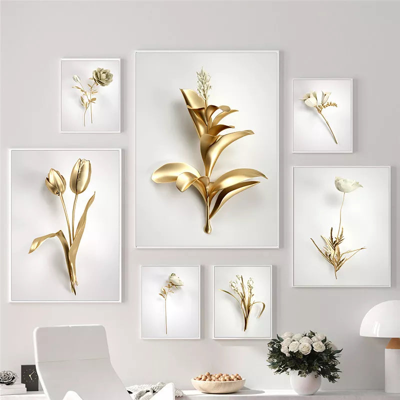 Abstrakte goldene Blume, Heimdekoration, luxuriöses Bild, Leinwandgemälde, Wandkunst, Poster und Drucke für nordisches Wohnzimmer-Kunstdesign