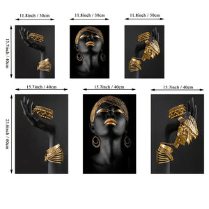 3 pezzi di donne nere africane con gioielli in oro poster da parete perfetti per soggiorno stampe su tela per immagini di decorazioni per la casa