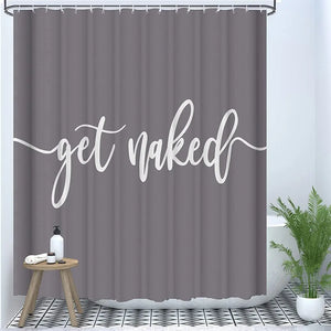 Schwarzes Thema „Get Naked“-Dekor, Duschvorhang, weiße Kunstwörter, schöne, coole, wasserfeste Badvorhanghaken aus Polyestergewebe, groß