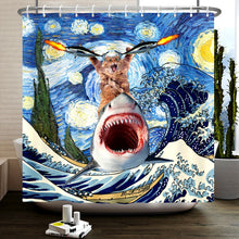 Загрузите изображение в программу просмотра галереи, Занавески для душа с мультяшными животными, забавные занавески для купания, динозавра, милый черный домашний любимец, кошка, цветы, растения, листья, детский декор для ванной, тканевые шторы