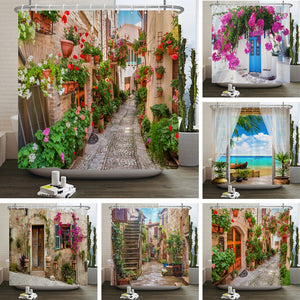 Ländliche idyllische Blumen Europäischer Garten Duschvorhang Badezimmer Wasserdichte 3D-gedruckte Badvorhänge mit 12 Haken Polyestertuch
