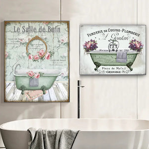 Impresiones en lienzo de bañera victoriana desgastada de estilo francés Vintage, cuadros decorativos de pintura artística de pared de baño Floral de acuarela