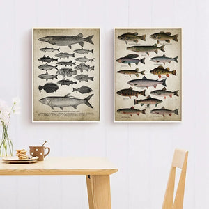 Affiche murale en toile d'art de pêche à la ligne, peinture de races de poissons imprimées, tableau mural de poissons d'eau douce, cadeau de pêcheur, décor de grotte pour homme