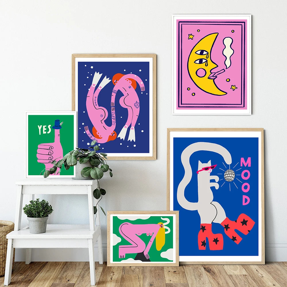 Cartoon Cat Mood Pisces Aries Poster Print Abstratc Body Moon Lady Wall Art Pictures for Kid Bedroom Nordic Decor Canvas Cuadros