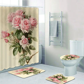 Shabby Chic Pink Victorian Roses Floral Bathroom Curtains Shower Curtain Set Elegant Flowers Bath Mat Rug Toilet Home Decor Gift