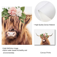 Charger l&#39;image dans la galerie, Vache des Highlands avec couronne de fleurs, impression d&#39;art mural pour filles, peinture sur toile, Animal de ferme, affiche nordique, décor de salon