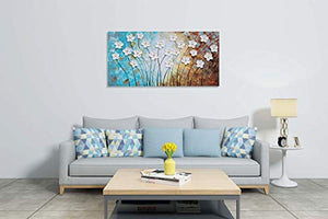 Flower Canvas Wall Art Hand Painted 3D Turquoise Brown White Painting Modern Abstract Floral Pictures Aesthetic Artwork for Living Room Bedroom Dinning Room Decoration