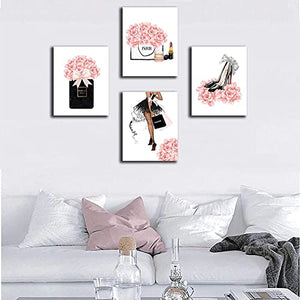 Lot de 4 toiles murales encadrées pour salle de maquillage, image de femme tendance, sacs à main de parfum, talons hauts, rouge à lèvres, cadeau rose pour chambre de fille, décoration de boudoir, prêtes à accrocher, 20,3 x 25,4 cm (encadrées)…