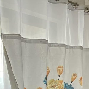 Whatarter Tenda da doccia con motivo floreale giallo e fiore blu verde acqua, senza gancio con fodera a scatto, finestra superiore, hotel, tessuto di lusso, decorazione in tessuto, bagno, doppio strato, tende in rete, set decorativo 71 x 74 pollici