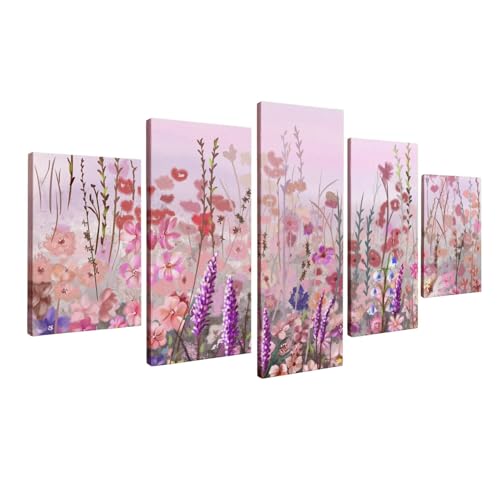 Whatarter Wildflower Wall Art Розовый красочный романтический цветок Фиолетовые картины Настенный декор Холст для девочек Спальня в рамке Художественные принты на холсте Весенние картины (общий размер: 60 дюймов Ш x 32 дюйма В)