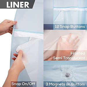 No Hook Slub Textured Shower Curtain with Snap-in PEVA Liner Set - 71" x 74"(72"), Hotel Style with See Through Top Window, Machine Washable & Water Repellent, Blue, 71x74