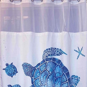 Whatarter Cortina de ducha azul tortuga verde azulado, sin gancho con forro a presión, ventana superior, tela de lujo para hotel, decoración de baño, doble capa, juego de cortinas de malla decorativas de 71 x 74 pulgadas