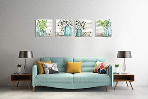 Flower Painting Wall Art Watercolor MasonJar Floral Picture Artwork 4 Panel Modern Oil Painting Print on Canvas for Bedroom Living Ready to Hang