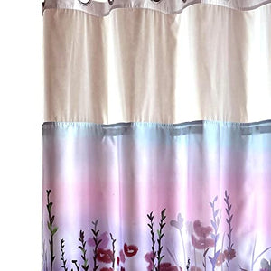Pink Floral Purple Shower Curtain No Hook with Snap-in Liner Double Layers Mesh Top Window