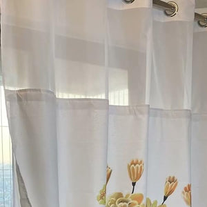 Whatarter Cortina de ducha de flores amarillas, sin gancho, con forro a presión, ventana superior, hotel, tela de lujo, decoración de baño, doble capa, juego de cortinas florales de malla, decorativas, 71 x 74 pulgadas