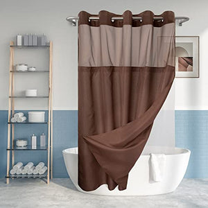 No Hook Slub Textured Shower Curtain with Snap-in PEVA Liner Set - 71" x 74"(72"), Hotel Style with See Through Top Window, Machine Washable & Water Repellent, Chocolate Brown, 71x74