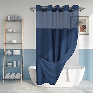 Текстурированная занавеска для душа без крючков Slub с набором подкладок PEVA — 71 x 74 дюйма (72 дюйма), гостиничный стиль, прозрачное верхнее окно, ткань, допускающая машинную стирку, водоотталкивающая, темно-синий, 71x74