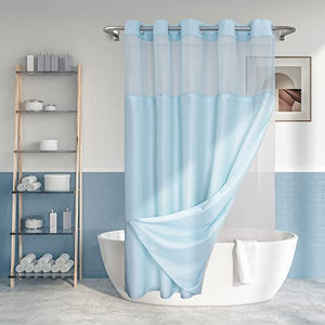 Rideau de douche texturé sans crochet avec doublure en PEVA à encliqueter - 71" x 74"(72"), style hôtel avec fenêtre supérieure transparente, lavable en machine et hydrofuge, bleu, 71x74