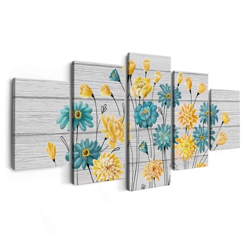 Whatarter Yellow Blue Flowers Wall Art Home Decor Canvas Painting Kitchen Prints Pictures for Home Living Dining Room Bedroom Framed Grey Background Modern Artwork(Overall Size: 60''W x 32''H)