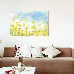 Whatarter Blue Sky Wall Decor Yellow Rape Blossoms Floral Canvas Art Green Leaf Pictures Paintings Flowers Modern Artwork Home Office Decorations Prints for Bedroom Kitchen Living Room 24 x 16 inch