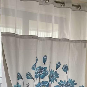 Whatarter Cortina de ducha con diseño de flores azules y verdes, sin gancho, con forro a presión, ventana superior, tela de lujo para hotel, decoración de baño, doble capa, juego de cortinas de malla decorativas de 71 x 74 pulgadas