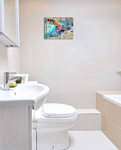 Décoration murale de salle de bain en forme de tortue de mer - Impression sur toile - Bleu sarcelle - Aquarelle - Thème plage - 1 panneau encadré pour chambre à coucher, salon, chambre à coucher, décoration de bureau à domicile - 12 x 16 x 1 cm