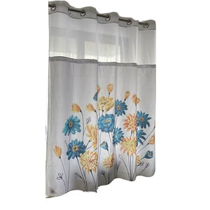 Whatarter Tenda da doccia con motivo floreale giallo e fiore blu verde acqua, senza gancio con fodera a scatto, finestra superiore, hotel, tessuto di lusso, decorazione in tessuto, bagno, doppio strato, tende in rete, set decorativo 71 x 74 pollici