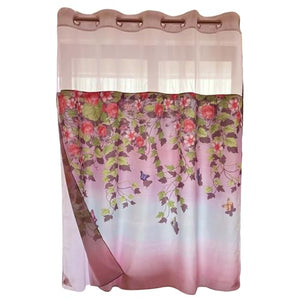 Whatarter Green Leaf Red Floral Shower Curtain No Hook with Snap-in Liner Top Window Hotel Luxury Fabric Cloth Decor Bathroom Double Layers Mesh Curtains Sets Decorative 71 x 74 inches