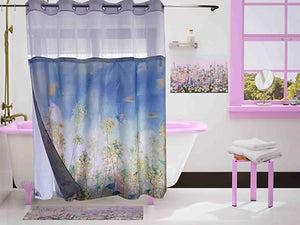 Whatarter Yellow Floral Blue Sky Shower Curtain No Hook with Snap-in Liner Top Window Hotel Fabric Cloth Decor Bathroom Double Layers Mesh Teal Curtains Sets Decorative 71 x 74 inches