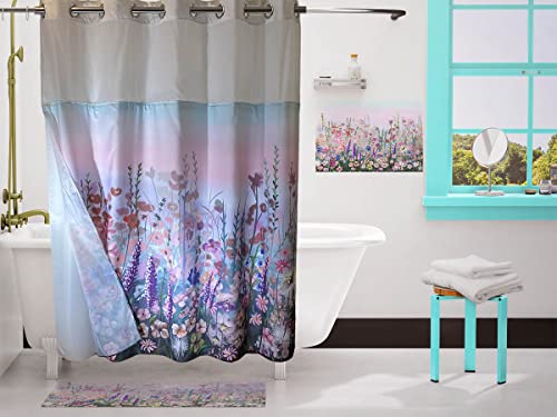 Pink Floral Purple Shower Curtain No Hook with Snap-in Liner Double La –  Whatarter