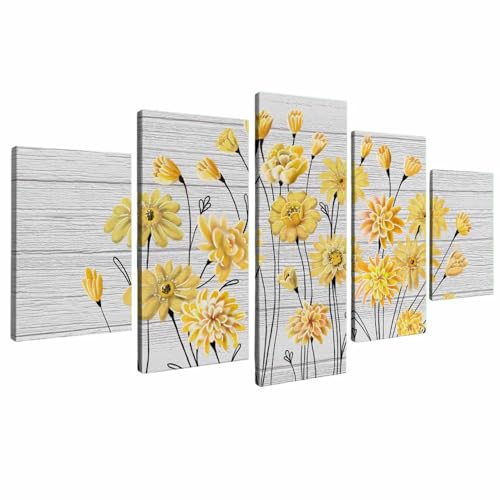 Whatarter Yellow Floral Grey Canvas - Wall Art Painting for Bedroom Kitchen Living Room Decoration - Yellow Flower Picture Grey Background Modern Home Office Decor (Overall Size: 60''W x 32''H)