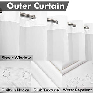 No Hook Slub Textured Shower Curtain with Snap-in PEVA Liner Set - 71" x 74"(72"), Hotel Style with See Through Top Window, Fabric Outer Curtain & Waterproof Inner Liner, White, 71x74