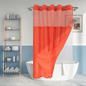 Текстурированная занавеска для душа без крючка Slub с набором подкладок из PEVA — 71 x 74 дюйма (72 дюйма), гостиничный стиль, прозрачное верхнее окно, машинная стирка и водоотталкивающий эффект, оранжевый, 71x74