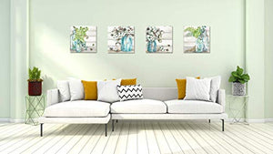 Flower Painting Wall Art Watercolor MasonJar Floral Picture Artwork 4 Panel Modern Oil Painting Print on Canvas for Bedroom Living Ready to Hang