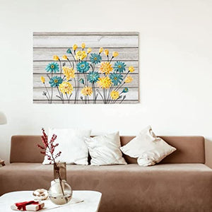 Whatarter Blue Yellow Flowers Wall Art Home Decor Canvas Painting Kitchen Prints Pictures for Home Living Dining Room Bedroom Framed to Hang Grey Background Modern Artwork Decorations 24 x 16 inch