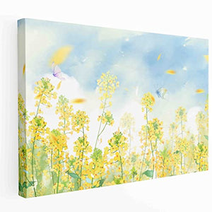 Whatarter Blue Sky Wall Decor Yellow Rape Blossoms Floral Canvas Art Green Leaf Pictures Paintings Flowers Modern Artwork Home Office Decorations Prints for Bedroom Kitchen Living Room 24 x 16 inch