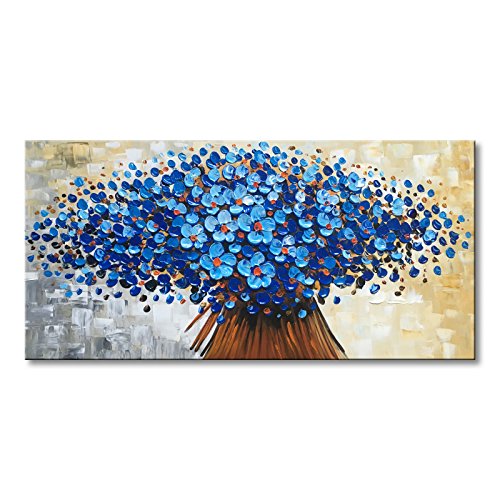 Lienzo abstracto pintado a mano, arte de pared moderno con textura de flor azul, pintura al óleo, arte contemporáneo, decoración floral para colgar, estirado y enmarcado, listo para colgar (40 pulgadas de ancho x 20 pulgadas de alto, azul)