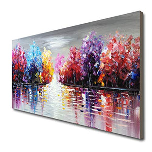Hand Painted Lake Landscape Canvas Wall Art with Colorful Tree Thick Texture Oil Painting Abstract Artwork (48 x 24 inch)