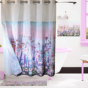 Pink Floral Purple Shower Curtain No Hook with Snap-in Liner Double Layers Mesh Top Window