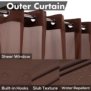 No Hook Slub Textured Shower Curtain with Snap-in PEVA Liner Set - 71" x 74"(72"), Hotel Style with See Through Top Window, Machine Washable & Water Repellent, Chocolate Brown, 71x74