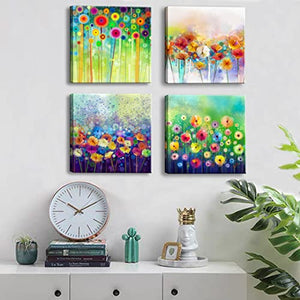 Arte de pared de lienzo floral abstracto, flores coloridas, impresiones de pintura, cuadros modernos de acuarela enmarcados para sala de estar, dormitorio, baño, oficina, decoración del hogar, panel de 12 x 12 x 4