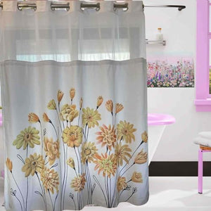 Whatarter Yellow Flower Shower Curtain No Hook with Snap-in Liner Top Window Hotel Luxury Fabric Cloth Decor BathroomDouble Layers Mesh Floral Curtains Sets Decorative 71 x 74 inches