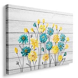 Whatarter Décoration murale sur toile avec fleurs bleues et jaunes pour la maison, le salon, la salle à manger, la chambre à coucher, encadrée à accrocher sur fond gris, décoration moderne 61 x 40,6 cm