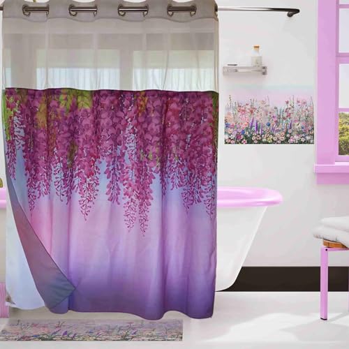 Whatarter Tenda da doccia con foglie rosa, senza gancio, con fodera a scatto, per finestra superiore, in tessuto per hotel, decorazione per bagno, doppio strato, set di tende decorative con fiori verdi floreali rossi, 71 x 74 pollici