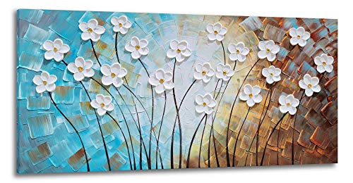 Flower Canvas Wall Art Hand Painted 3D Turquoise Brown White Painting Modern Abstract Floral Pictures Aesthetic Artwork for Living Room Bedroom Dinning Room Decoration