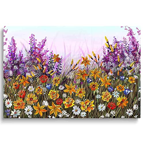 Whatarter Pink Wildflower Canvas Painting Wall Art Colorful Flowers Artwork for Living Room Bedroom Office Wall Art Dinning Home Decor Purple Large Tree Framed Yellow Floral Spring Picture- 24