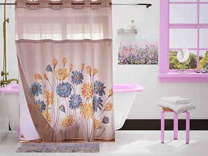 Whatarter Yellow Floral Blue Flower Teal Shower Curtain No Hook with Snap-in Liner Top Window Hotel Luxury Fabric Cloth Decor Bathroom Double Layers Mesh Curtains Sets Decorative 71 x 74 inches